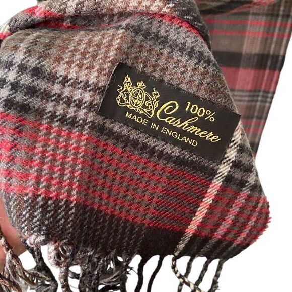 Made in England 100% Cashmere Red & Black Plaid Fringed Scarf Unisex - Picture 9 of 9